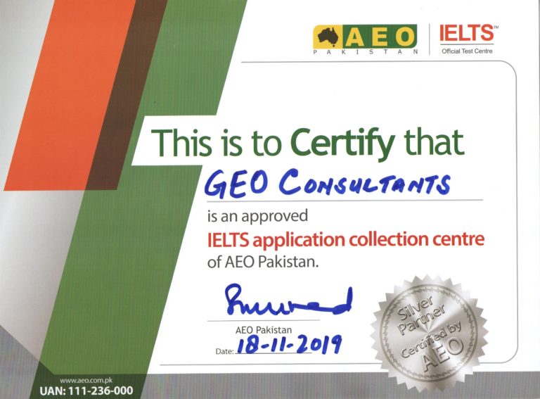 AEO Pakistan Certificate GEO Consultants Certificate of IELTS Booking